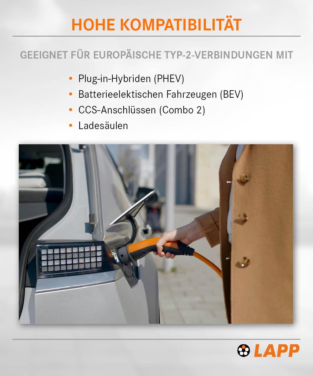 Lapp Mobility Typ 2 Ladekabel 11 KW, Orange, Buchse auf Stecker, Glatt, 20 A, 3-Phasig, E-Auto Ladekabel, Mode 3, 5m