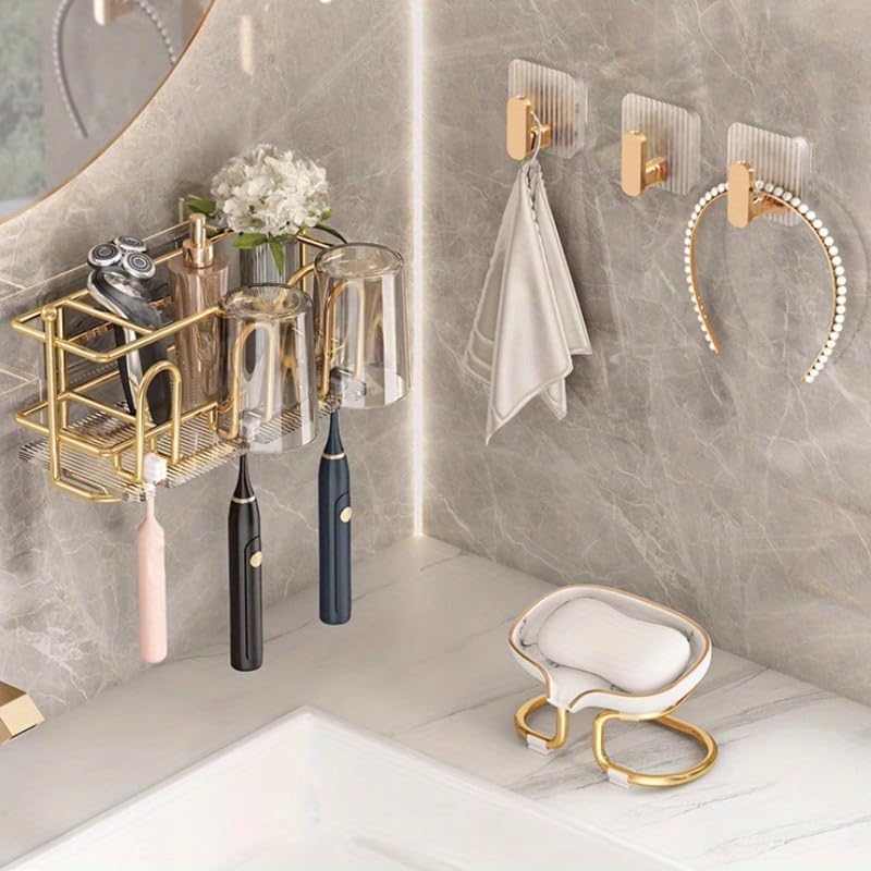 Image of LEAWALL Heavy Duty Adhesive Wall Hook, Waterproof Golden Self Adhesive Hook for Bathroom & Kitchen, Hook Hanger for Towels, Bags, Keys & Accessories, No Drill Wall Hook Set (4 Pcs)