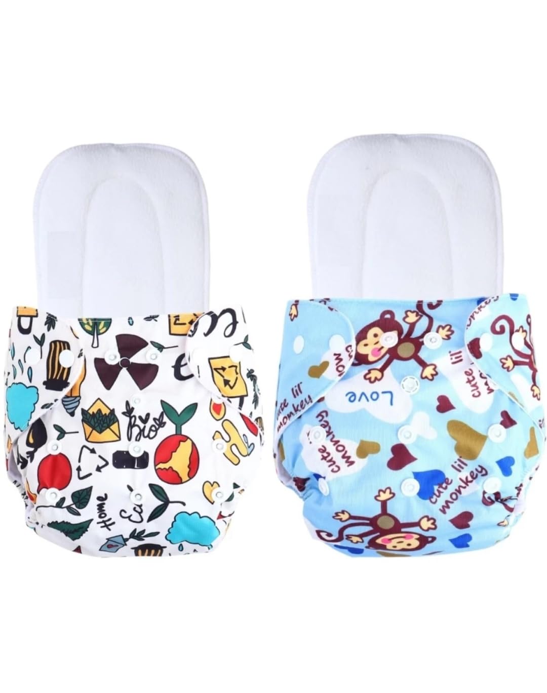 Cotton Cloth Printed Diaper with 5 Layer Dry Feel White Inserts/Washable, Reusable and Adjustable Diaper for Newborn Baby & Toddlers (Pack of 2) (Monkey & Graphic Printed, One Size)-image-18