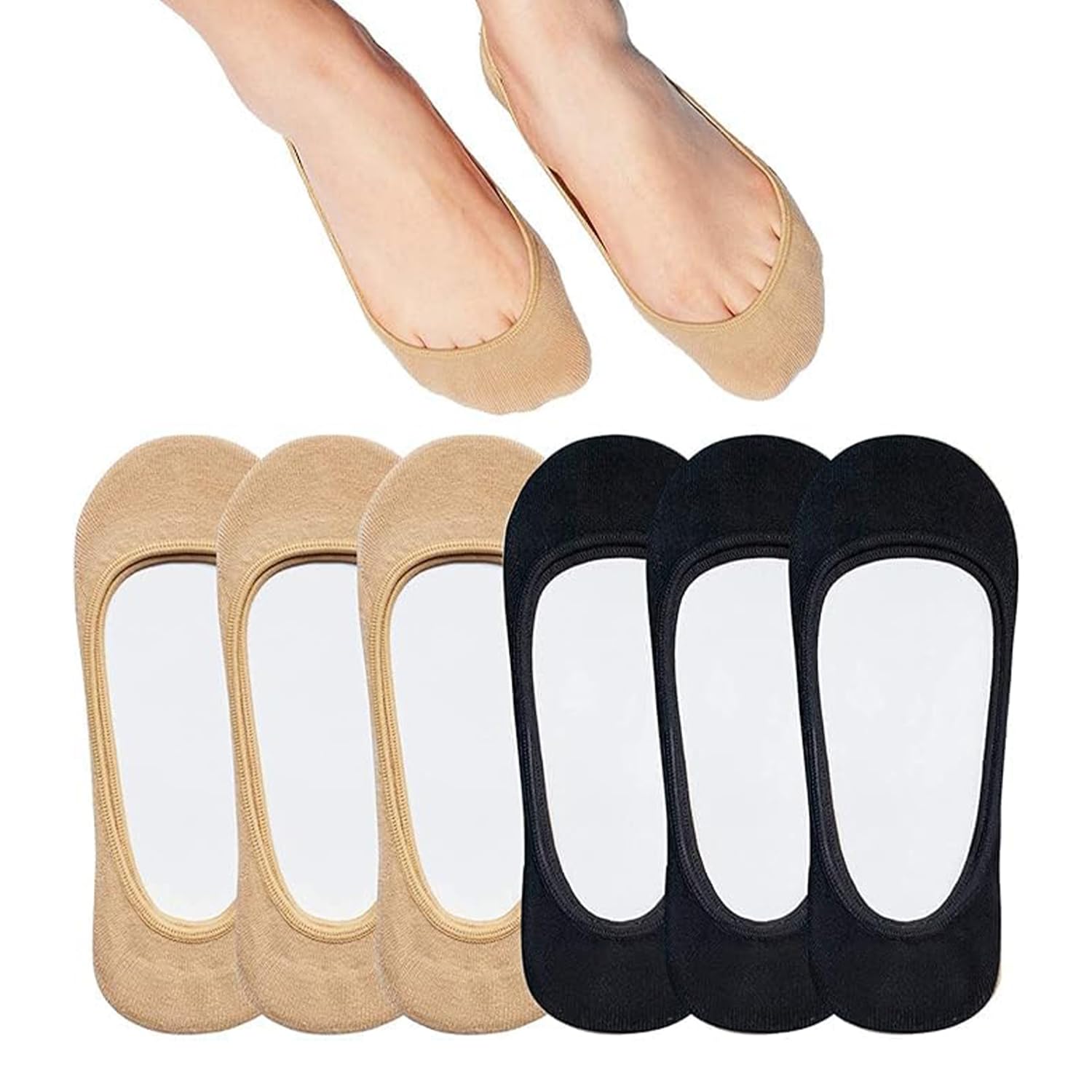 No Show Socks for Women, Ultra Low Cut Invisible Liner Socks, Non-Slip, Black and Beige, 6 Pairs-image-49