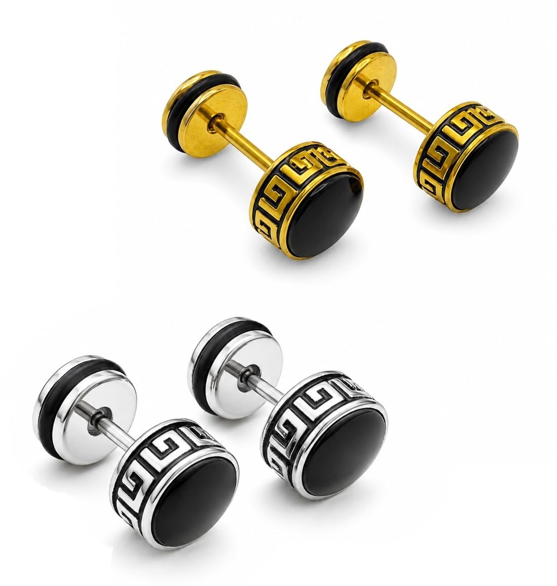 adhvik Combo of Men Silver Round Black & Golden Round Black Bali Pairs Ear Earrings Stylish Stainless Steel Daily Wear Fashion Look-picture-39