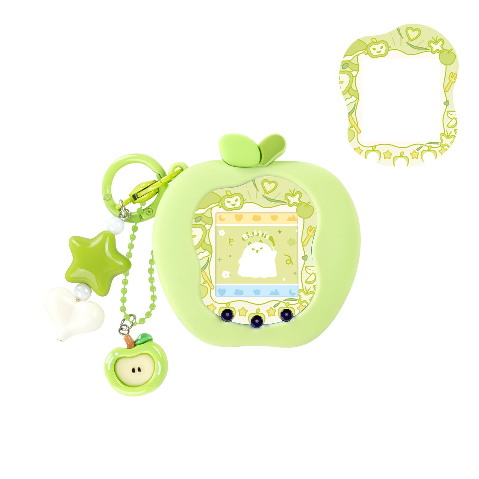 BUBBLELOGUS Apple Bubble Protective Case for Tamagotchi Uni - Soft TPU Silicone Cover with Faceplate & Charms Set, Anti-Scratch & Waterproof (Green)
