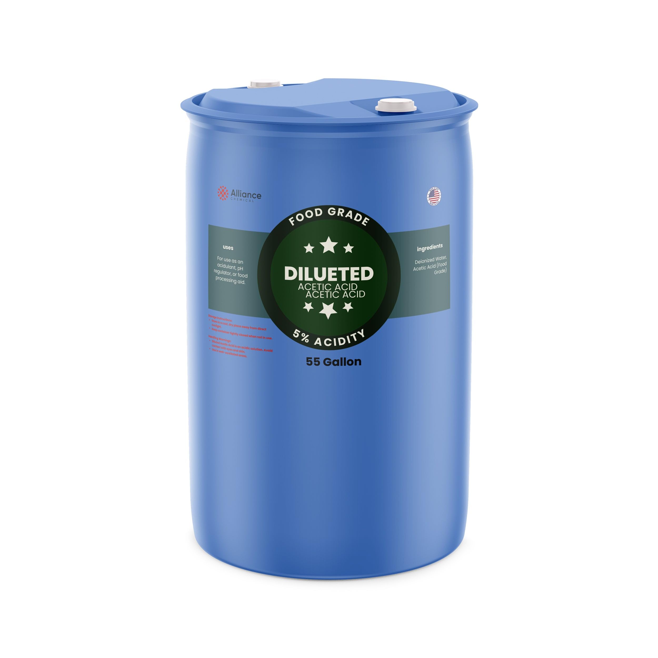 5% Diluted Acetic Acid Food Grade - 55 Gallon Drum – for Industrial Cleaning, Metal Surface Treatment, pH Adjustment, and Chemical Processing