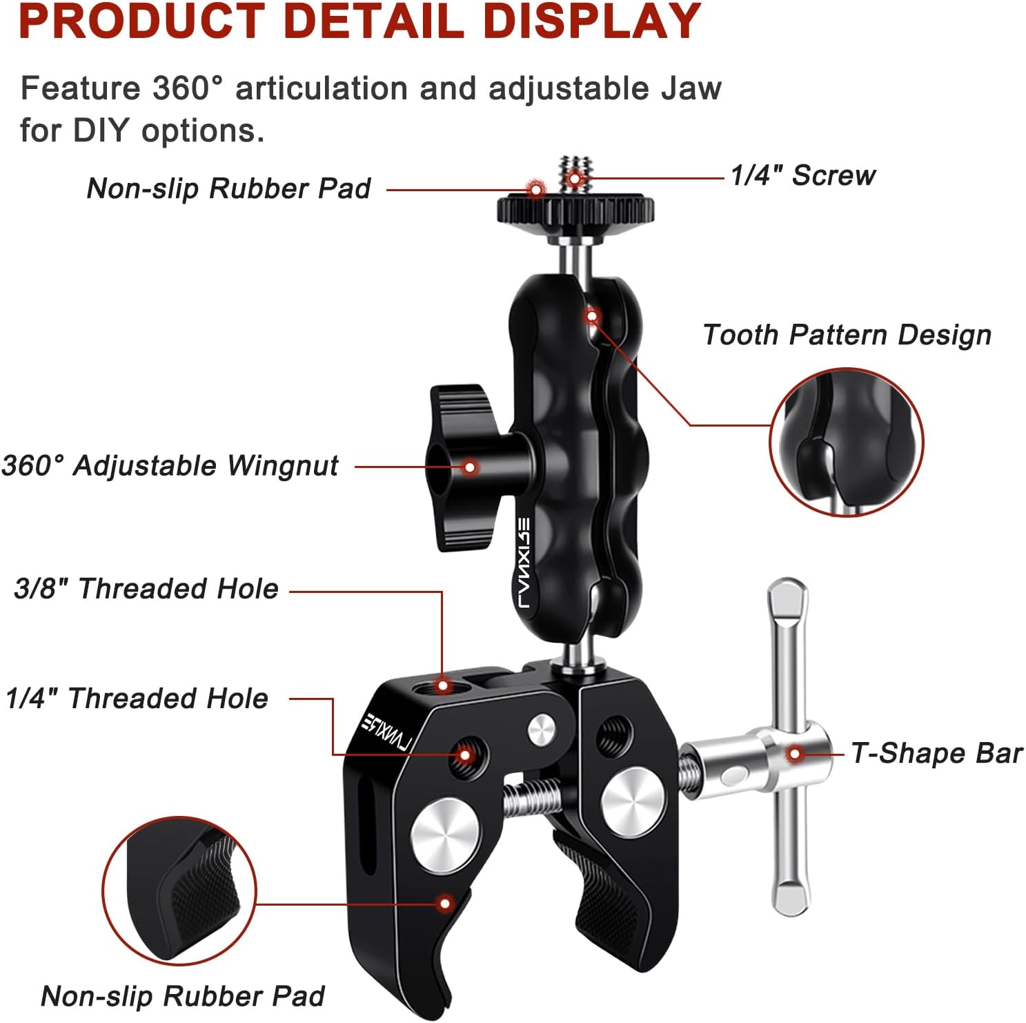 Camera Mount Clamp with Double Ball Head Adapter - 2 Pack. Compatible with LED Lights, Gopro, Insta360, DJI Action, Ronin-M, Ronin MX. 360° Ballhead and 1/4’’ + 3/8’’ Thread Hole.