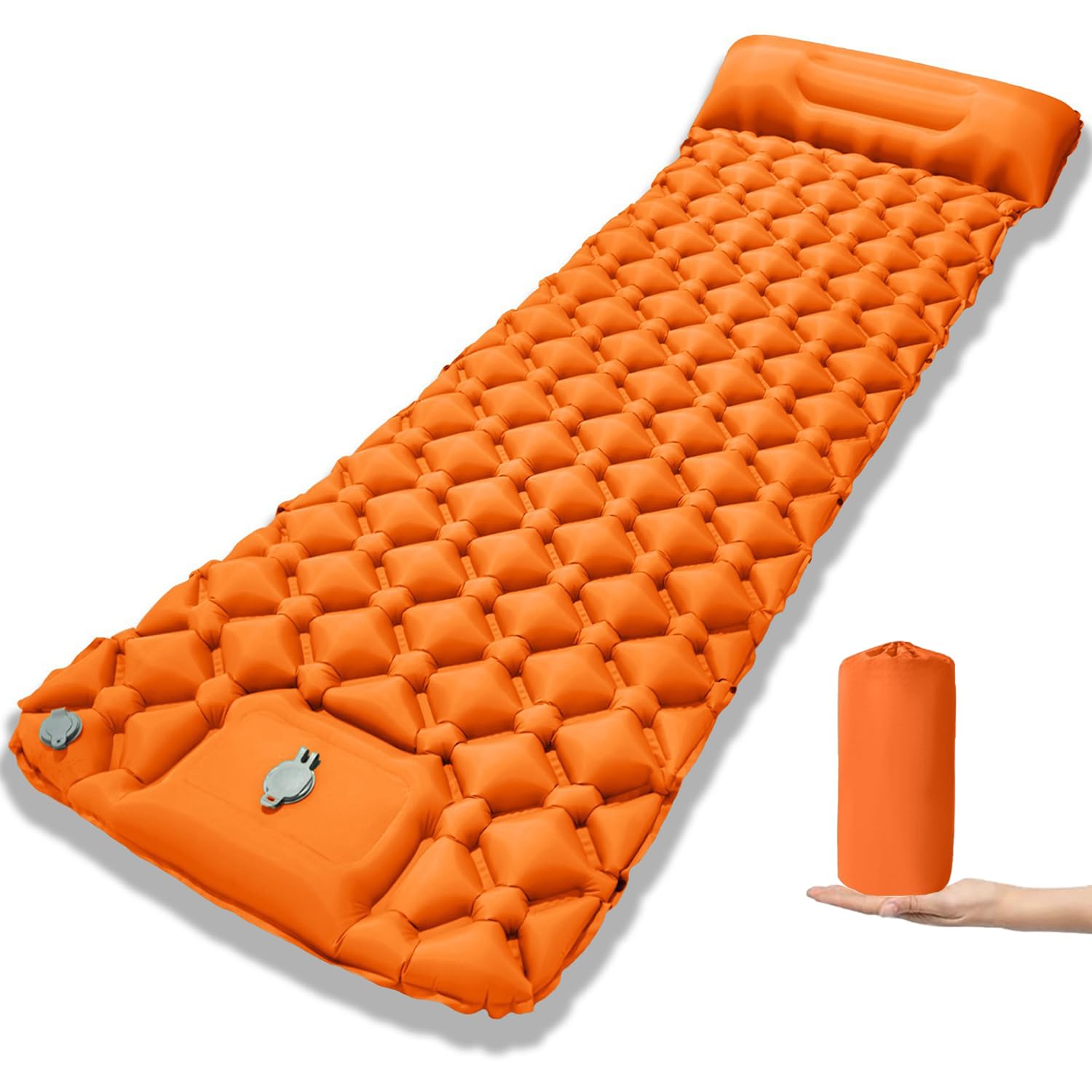 hzbaiyi Sleeping Pad, Camping Mat, Ultralight Inflatable Sleeping Mat with Built-in Foot Pump & Pillow with Storage Bag for backpacking hiking (Orange)