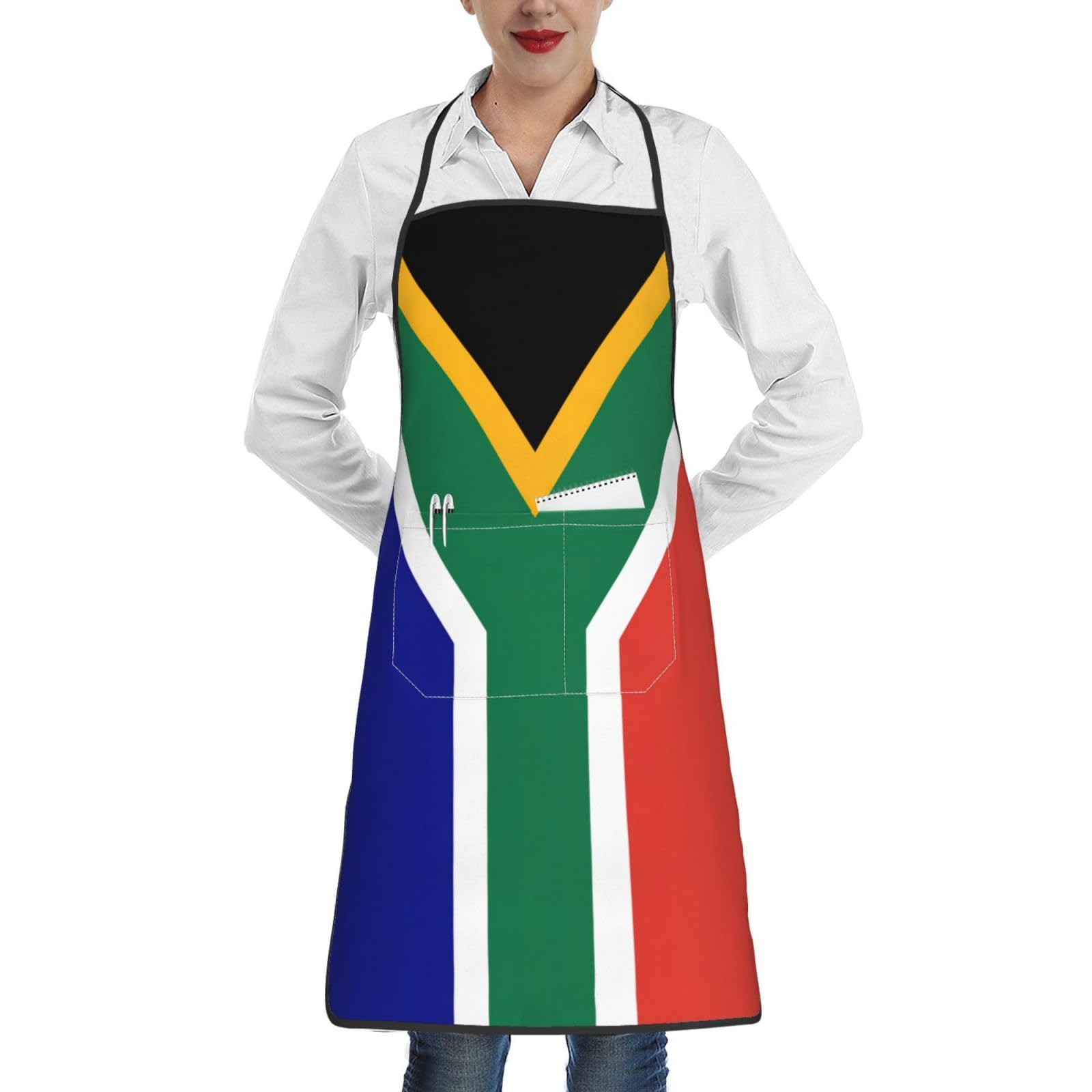 Gaxfjru Men's White South African Flag Apron For Wo Kitchen Cooking Apron With Pockets, Adjustable Bib Aprons Stain Resistant