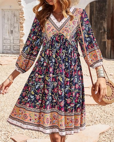 Image of BTFBM Women Casual Spring Summer Dresses V Neck 3 /4 Long Sleeve Ruffle Floral Flowy Boho Babydoll Mini Short Beach Dress