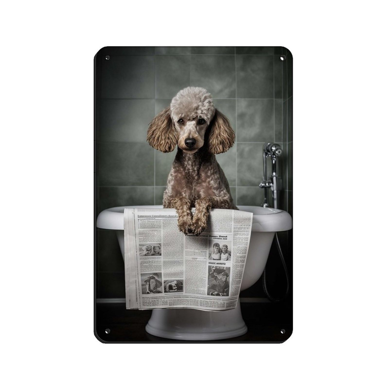 Poodle on Toilet Reading The Newspaper Retro Poster Metal Tin Sign Chic Art Retro Iron Painting Bar People Cave Cafe Family Garage Poster Wall Decoration 8x12inch(20x30cm)