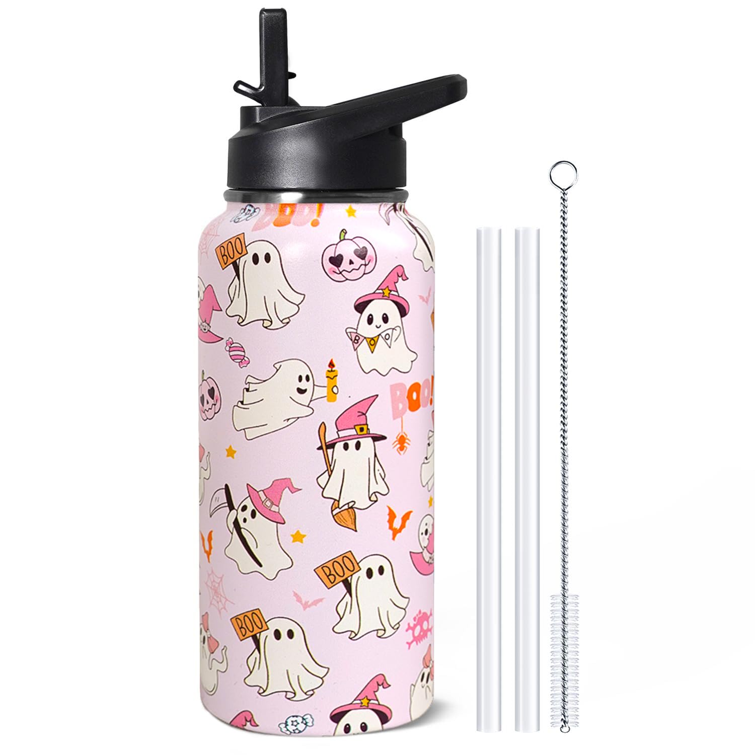 32oz Halloween Pink Boo Insulated Aater Water Bottle with Straw Halloween Gym Hiking Sports Coffee Mug Cup Water