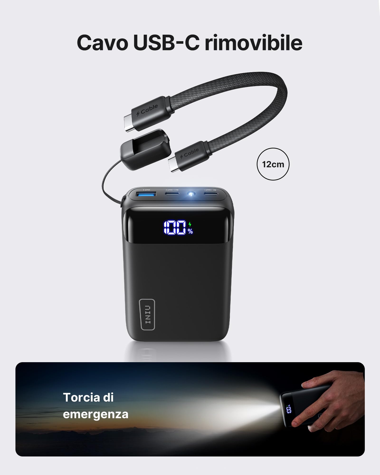 INIU Ultrapiccolo 20000mAh Power Bank, 22,5W Ricarica Rapida Caricatore Portatile con Cavo USB C Staccabile, Essenziali da Viaggio, Caricatore Portatile per iPhone 17 16, Samsung S22, Xiaomi, iPad ecc