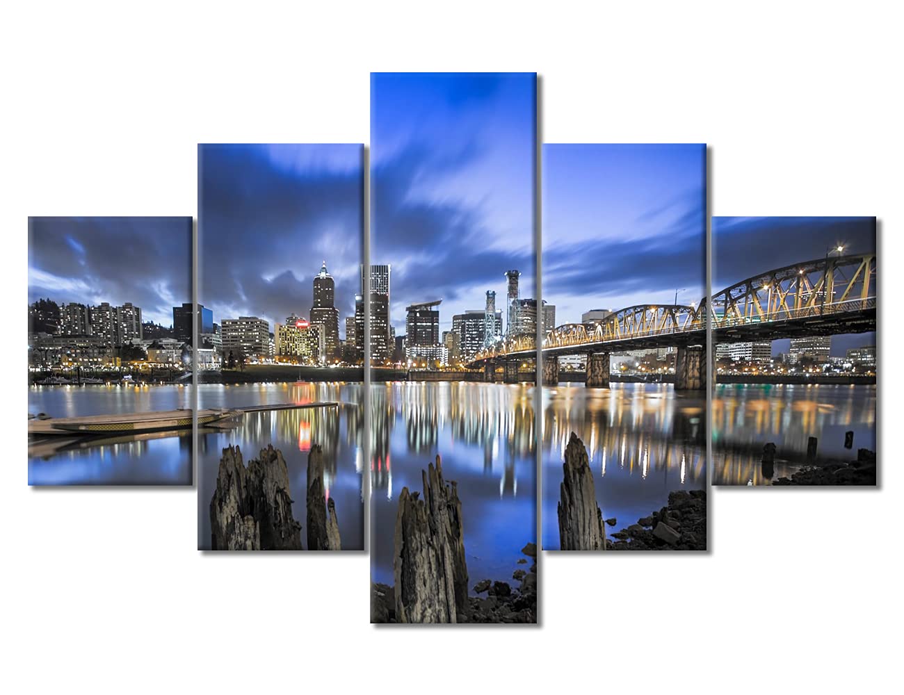 TUMOVO 5 Piece Canvas Wall Art Portland Oregon Downtown Cityscape Wall Painting Modern Willamette River Home Decorations Hawthorne Bridge Room Decor Stretched and Framed Ready to Hang (60''Wx 40''H)