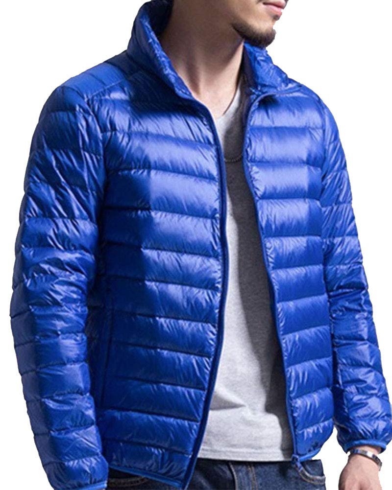 Yaott Men's Sapphire Blue Lightweight Packable Down Jacket Windproof Stand Collar Down Filled Puffer Jacket Coat Winter Warm Outdoor Down Coat With Side Pockets M