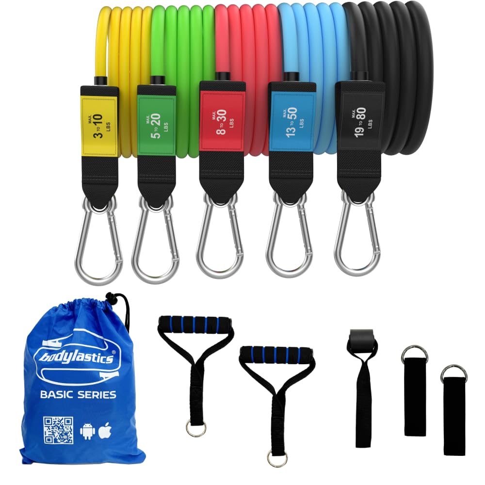 Bodylastics Patented Basic Series Resistance Band Set - 5 Resistance Bands with Snap Reduction Tech, 2 Handles, 2 Ankle Straps, 1 Door Anchor & 1 Carry Bag