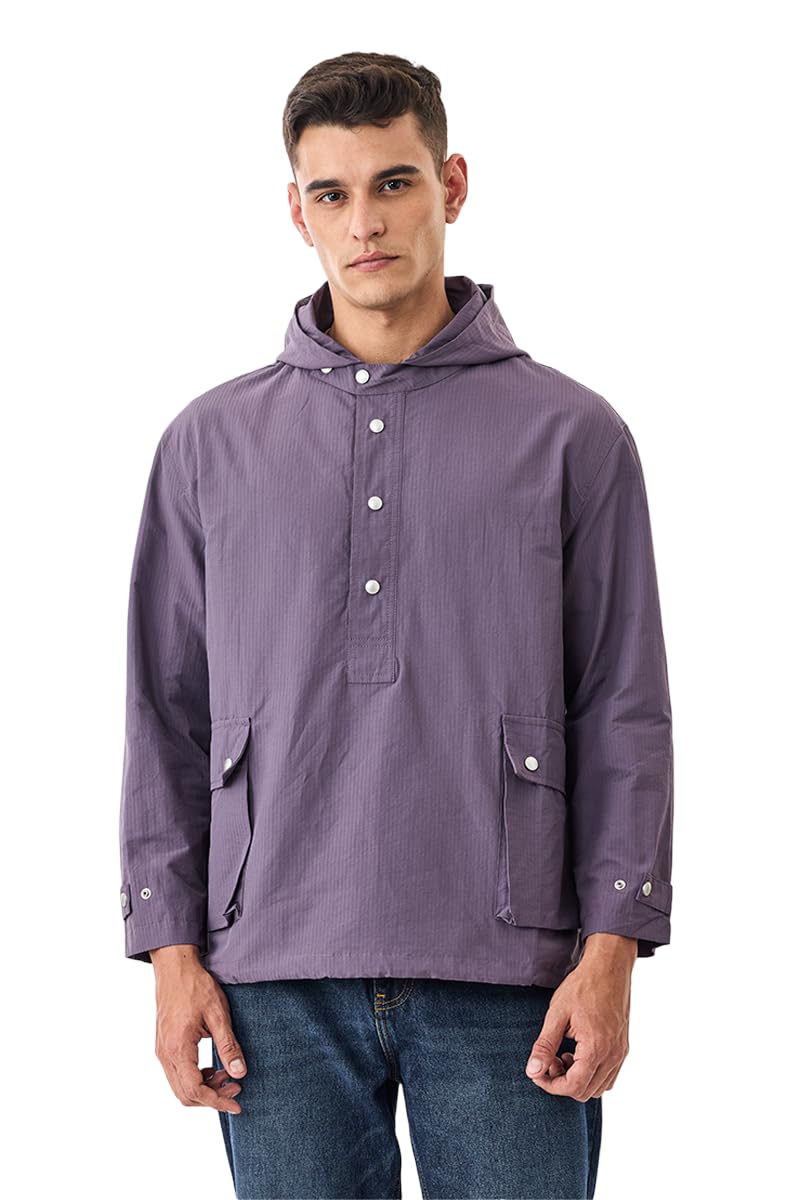 SNITCH Men Casual Jacket | Regular Fit Hooded Collar Solid Design With Snap Closure | Lightweight Nylon Cotton Blend & Breathable For Everyday Outdoor & Travel Wear in neutral