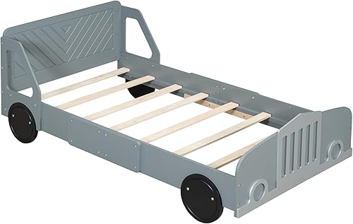 Miniatura 57 de Cama de plataforma en forma de auto de carreras con ruedas, cama de plataforma de madera tamaño individual con barandilla, cama de plataforma para