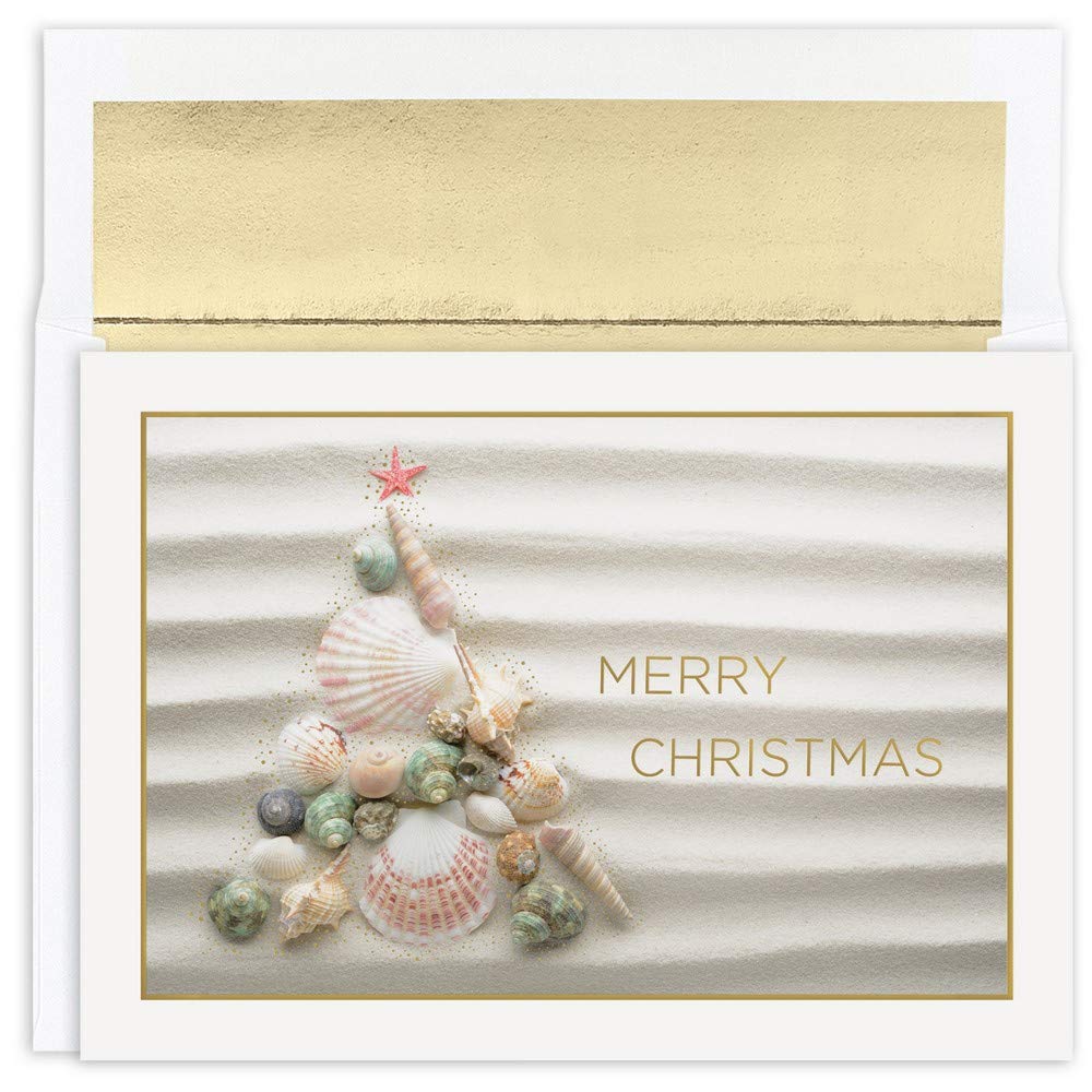JAM Paper Christmas Cards & Matching Envelopes Set - Shell Christmas Tree - 18/Pack