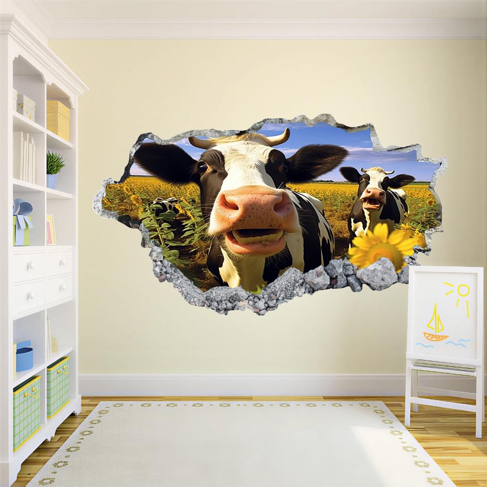 3D Wandtattoo Wanddurchbruch, Vieh Durchbruch Wandaufkleber für Kinderzimmer, sticker für Wohnzimmer, Sonnenblumenfeld Wandsticker, Wandbild Junge Mädchen Schlafzimmer