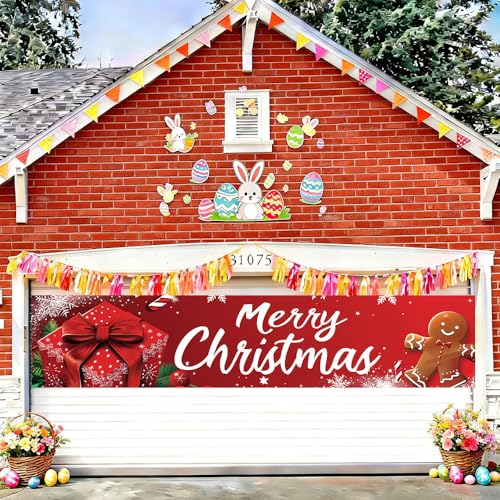 Image of Red Gift Box Christmas Banner 78.7 x 17.7 Inch Gingerbread Candy and Ribbon Bow Design Holiday Backdrop for Home Yard Garden Fence or Indoor Wall Decoration Celebration Display