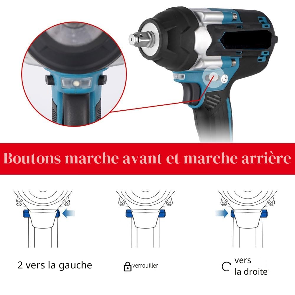 1800N.M Clé à Chocs Sans Fil,1/2 Pouce Boulonneuse a Choc, Compatible avec Makita 18V,Clé à Chocs Multifonction avec Lumière LED,avec 1 batterie, 7200 tr/min,5 vitesses,pour voiture et maison (Bleu)
