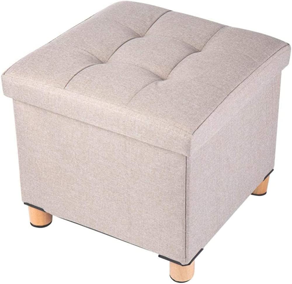 Repose-pieds boîte de rangement en lin gris et beige avec pieds en bois