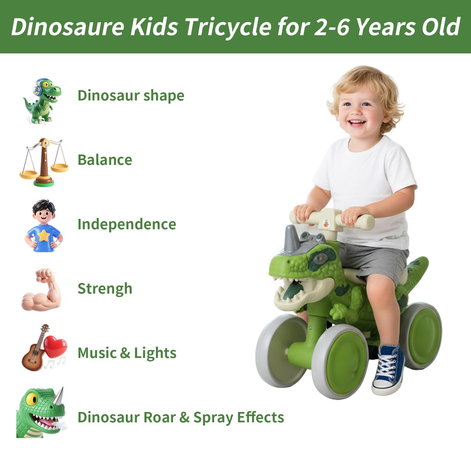 Bicicleta de equilibrio de dinosaurio para niños de 1 a 3 años, caminante sin pedal de 4 ruedas con efectos de música y rocío de niebla, regalo de primer cumpleaños certificado ASTM para niños 4