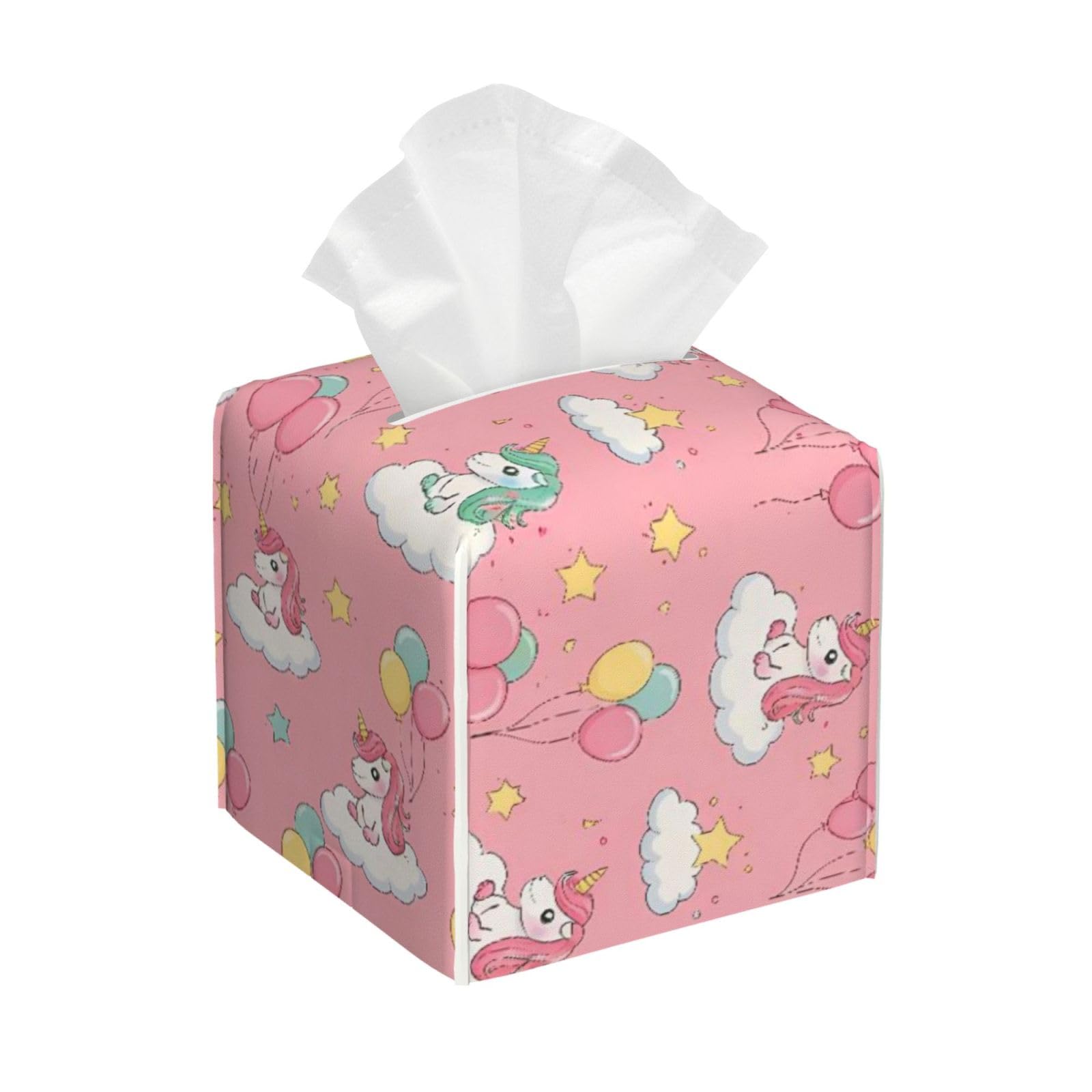 Cute Unicorns Cloud Ballon Leather Tissue Box Cover Holder Square Facial Paper Organizer 5.2" X 5.2" X 5.2"