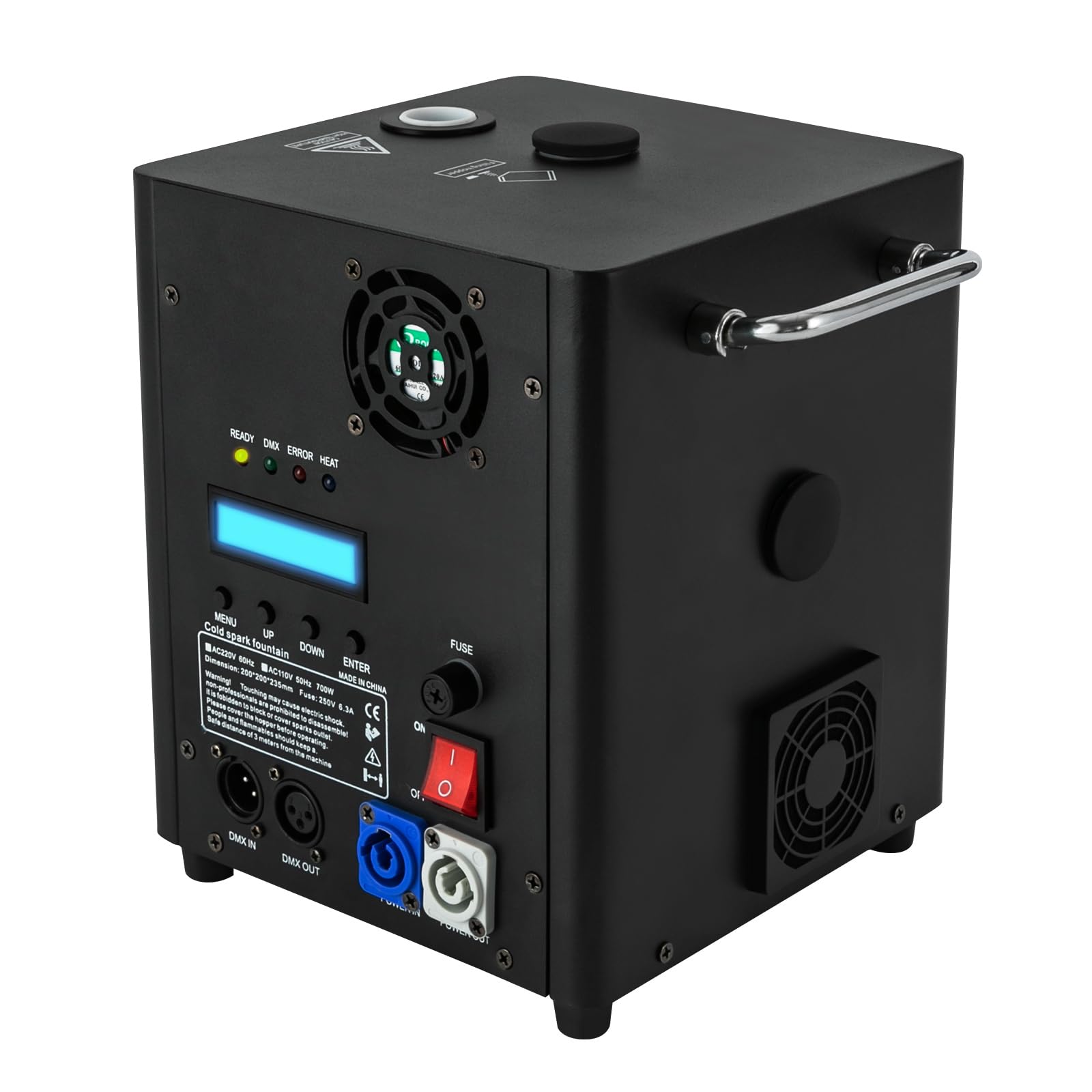 Macchina per scintille, 700 W, portatile, per palcoscenico, effetto speciale, altezza di iniezione regolabile, quattro spie di controllo, telecomando o DMX