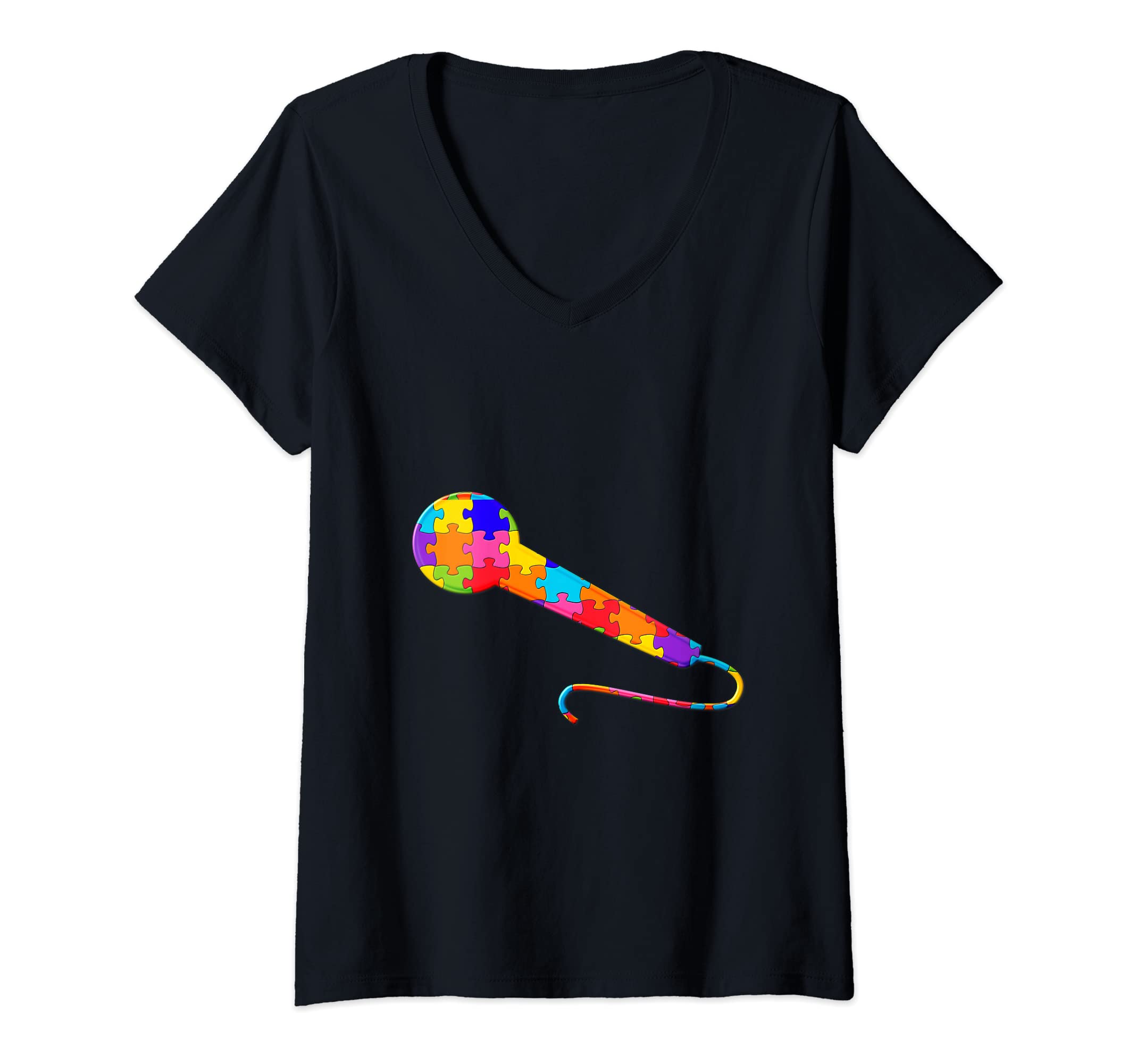 Womens Microphone podcast Webinar mic Jigsaw Autism Puzzle V-Neck T-Shirt