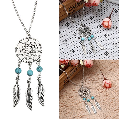 AOCHEE Bohemian Dream Catcher Necklace Earring Tassel Feather Turquoise Beads Necklace Jewelry (Neckalce)2