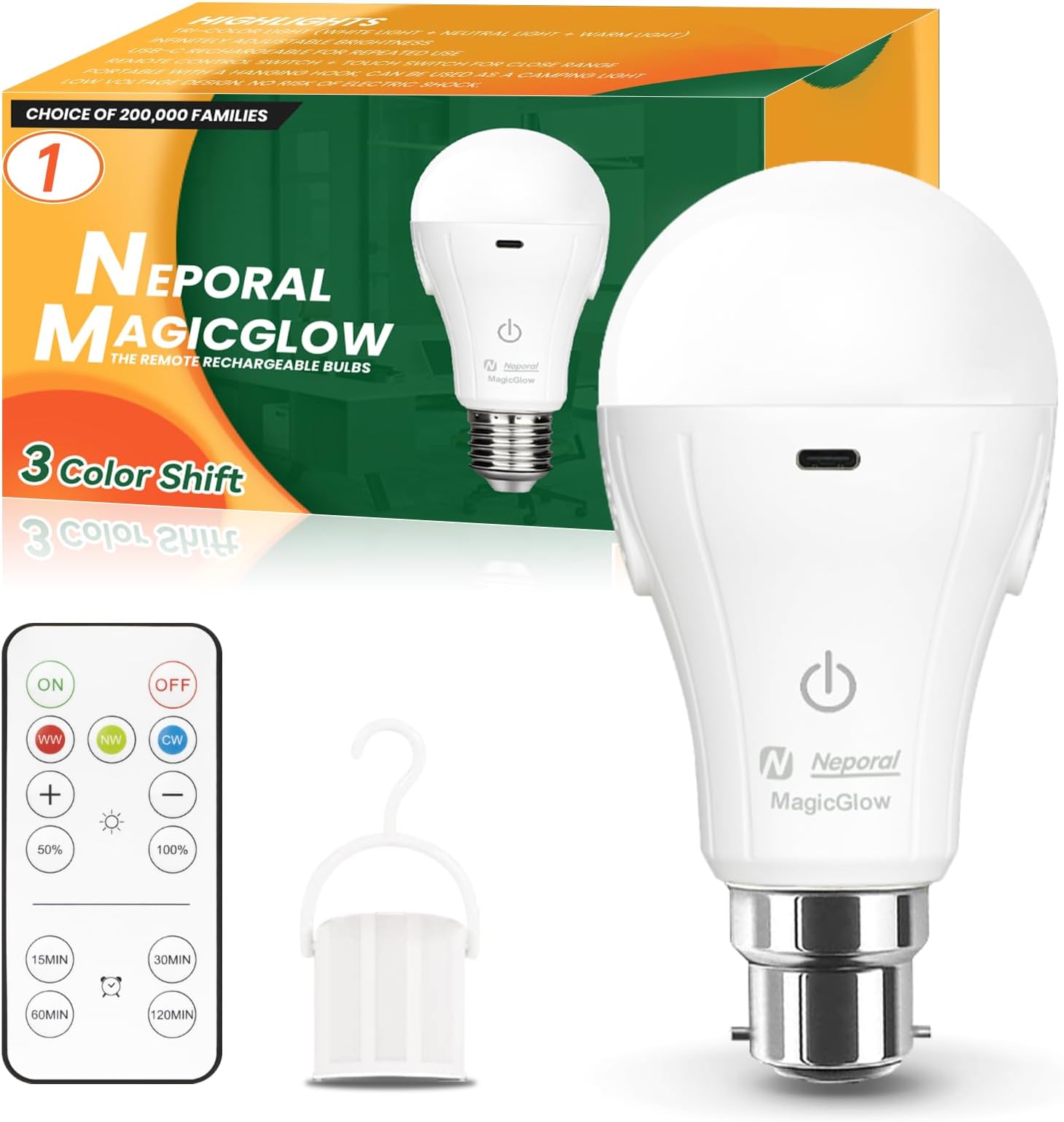 MagicGlow Rechargeable Light Bulbs with Remote, 3-Color Shift + Stepless Dimmable, USB Rechargeable 2000mAh Battery Light Bulb Up to 24H, A19 Emergency LED Light Bulbs (B22 Bayonet Fitting, 1)