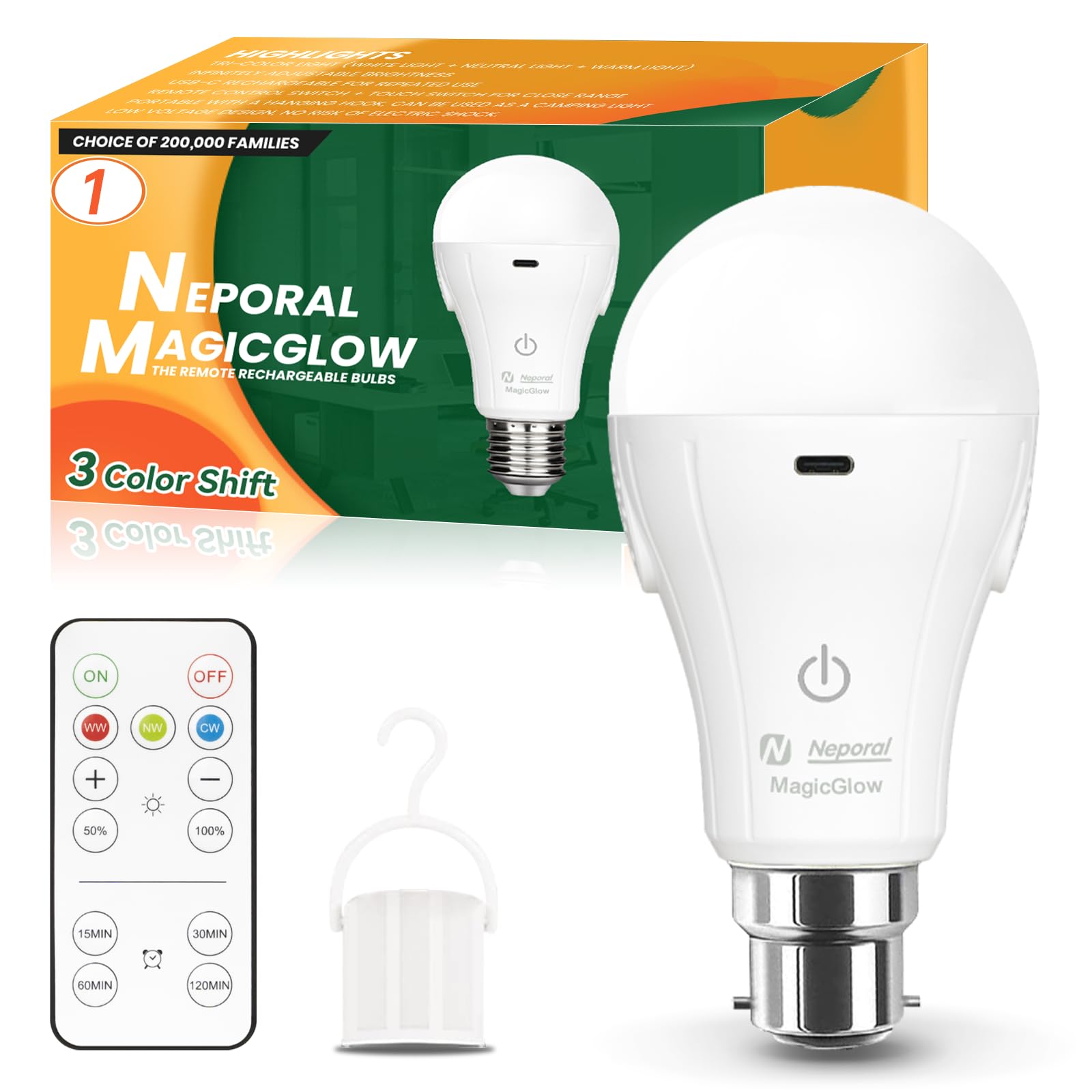 MagicGlow Rechargeable Light Bulbs with Remote, 3-Color Shift + Stepless Dimmable, USB Rechargeable 2000mAh Battery Light Bulb Up to 24H, A19 Emergency LED Light Bulbs (B22 Bayonet Fitting, 1)
