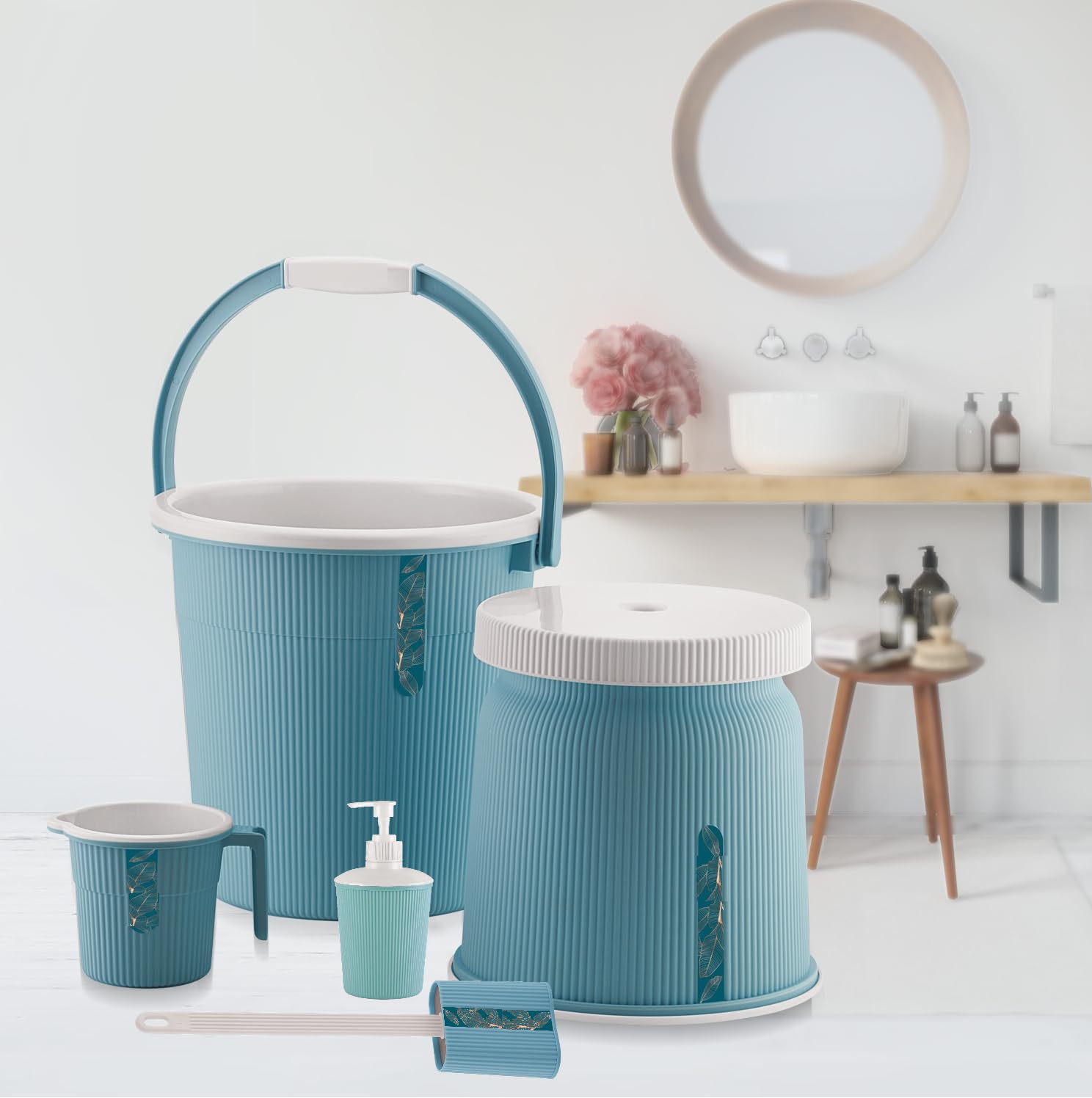 Liza Newton Combo of 5pcs Bathroom Accessories Set Plastic Bathroom Set with 20Ltr Plastic Bucket, Small Mug, Big Stool, Dispenser, & Toilet Brush for Home, Kitchen & Bathroom (Blue) (B0CSBLBVS6) Amazon Price History, Amazon Price Tracker