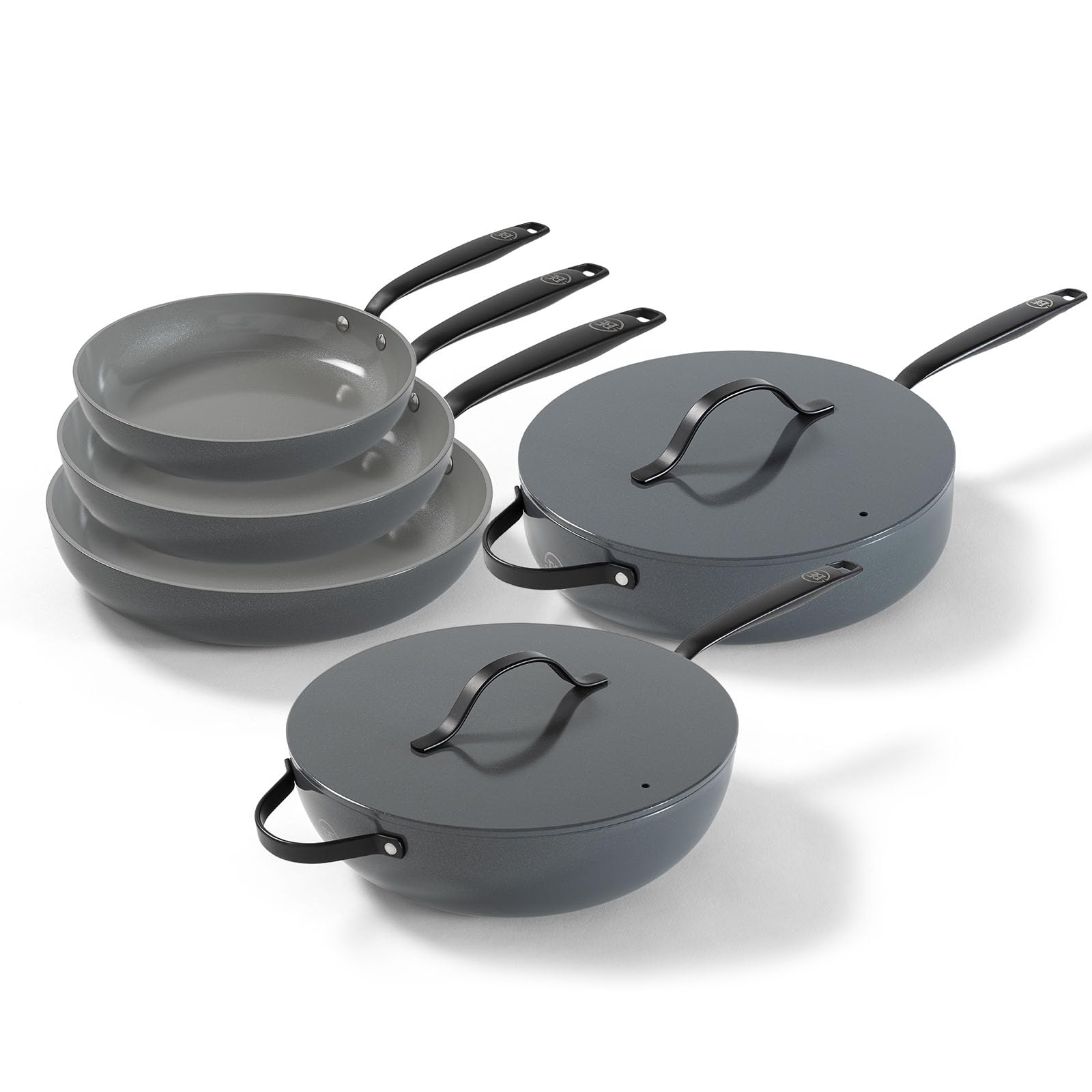 BE Living Essential 5-częściowy zestaw garnków, Ø 20, 24 i 28 cm patelnia do smażenia + Ø 30 cm patelnia do gotowania + Ø 28 cm, zestaw patelni, ceramiczne, bez PFAS, indukcja, szary