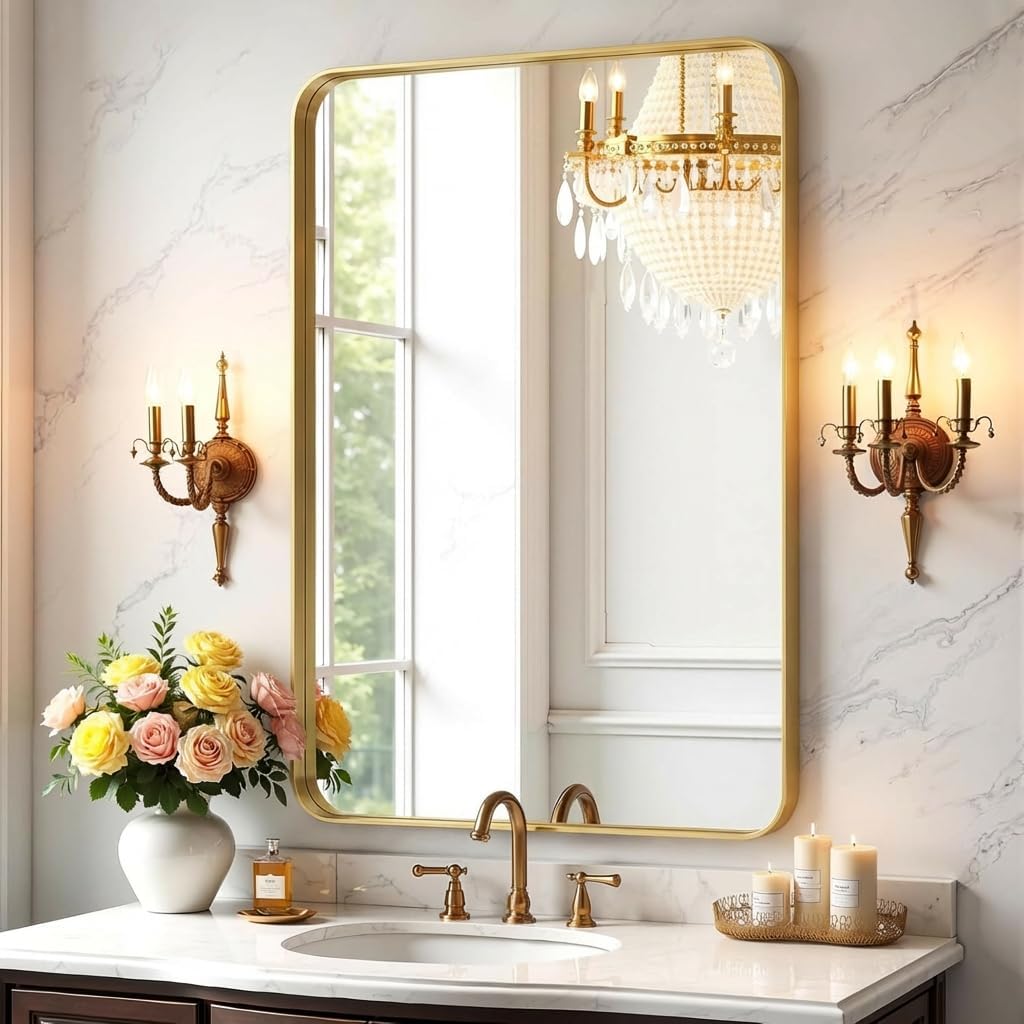 Tangkula Gold Bathroom Mirror 20 x 32 Inch, Metal Framed Rounded Rectangle Wall Mounted Vanity Mirror, Matte Gold, Tempered Glass, Anti-Rust, Hangs Horizontally or Vertically