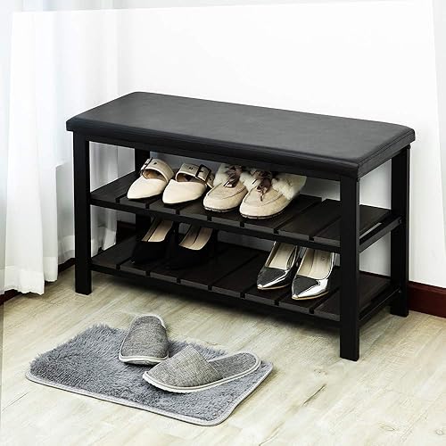 Miniatura 2 de Finnhomy Banco Zapatero de 3 Niveles con Cojín. El banco soporta hasta 400 libras, para entrada, dormitorio, pasillo, muebles de acento, elegante