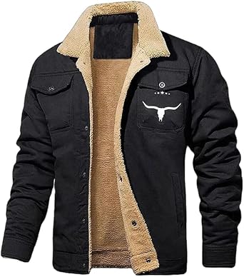 HOTYD Bullhorn Print Fleece Lined Jackets for Men Stand Collar Sherpa Lined Winter Coats Plus Size Western Cowboy Jackets Thick Lapel Trucker Jackets Black M