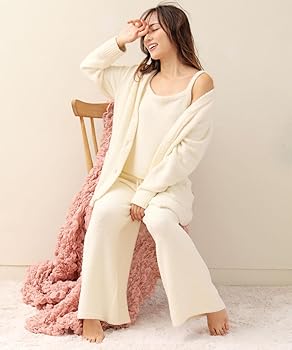 エメフィール　ブラウン　モール　ニット ルームウェア セットアップ 3点セット Amazon | [エメフィール] モールニット 長袖 上下 (L/オフ