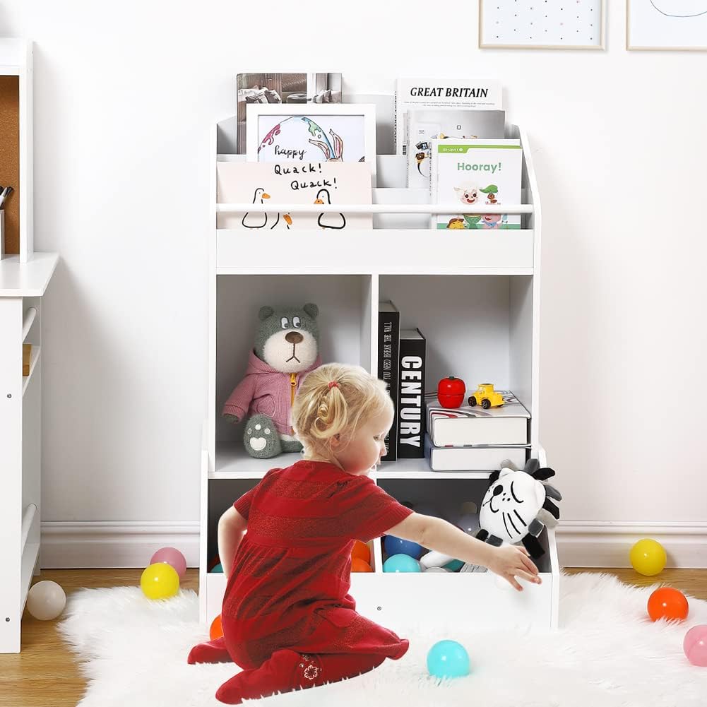 Children's Trapezoidal Fun Bookshelf, Can Store Toys, Books, Suitable for Bedroom, Living Room, Storage Room, Both Boys and Girls (White)