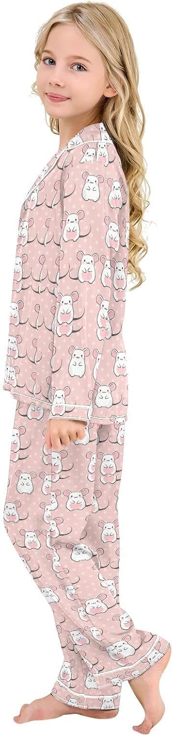 senya Cute Cartoon Mice Satin Pajama Sets Long Sleeves Nightwear Button Down Sleepwear