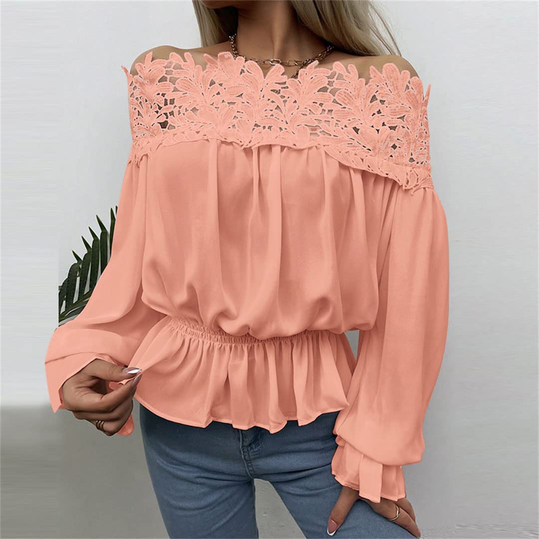 Générique Femmes Sexy Hors épaule Blouses Dentelle Blouses Blanches à Manches Longues Tunique froncé Chemises à la Taille
