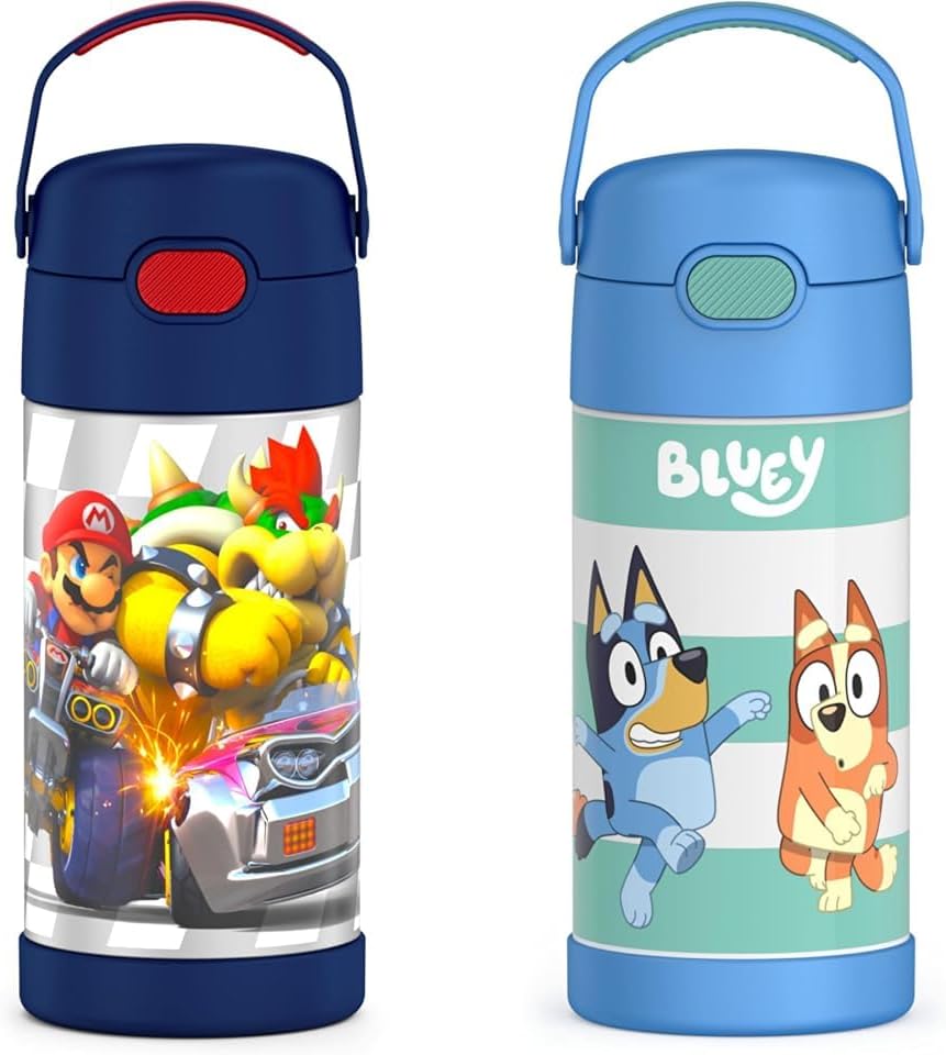 THERMOS FUNTAINER 12 Ounce Stainless Steel Vacuum Insulated Kids Straw Bottle, Super Mario Brothers & FUNTAINER 12 Ounce Stainless Steel Vacuum Insulated Kids Straw Bottle, Bluey
