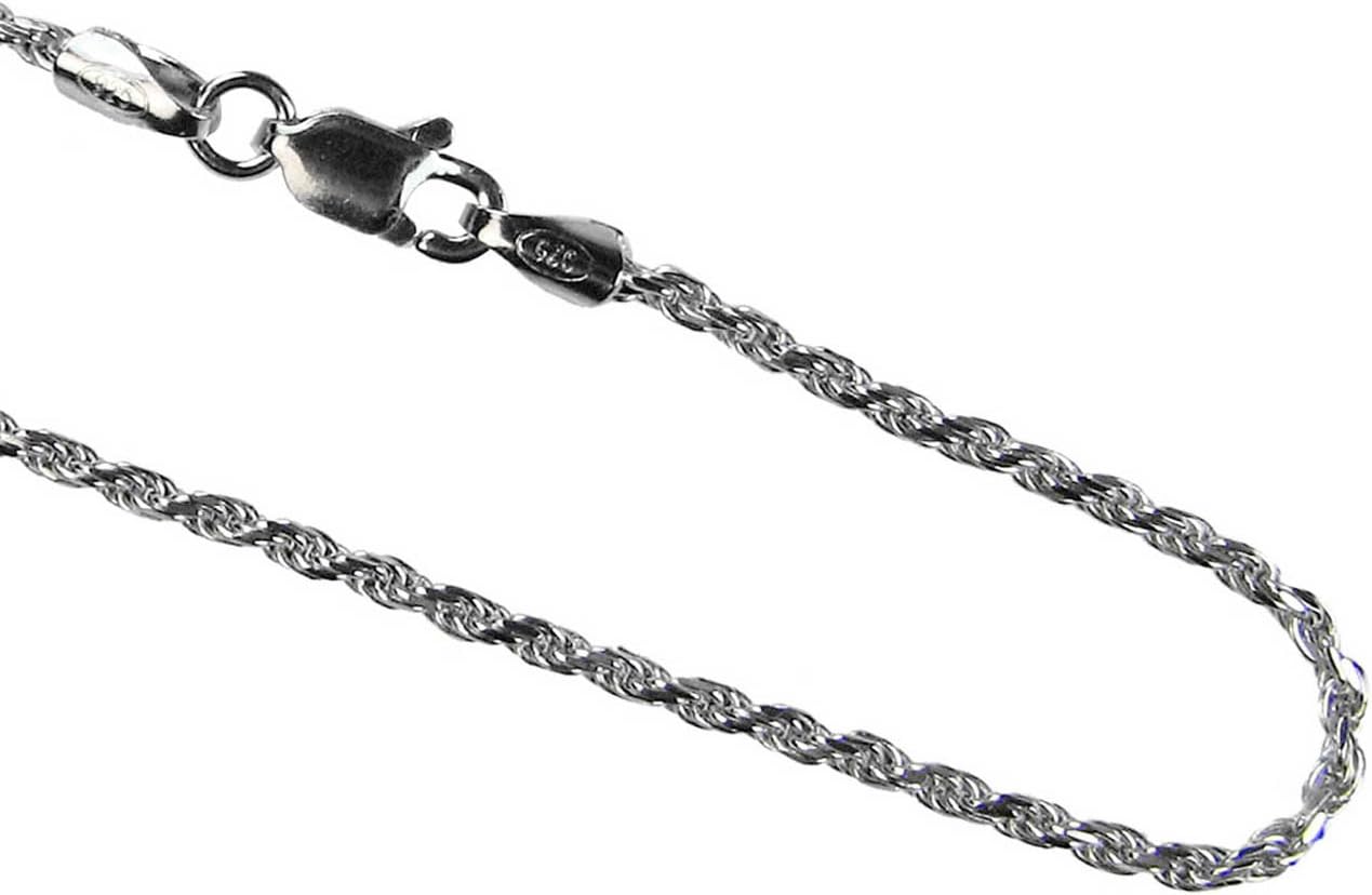 Italian Diamond Cut Rhodium Plated Sterling Silver Rope Chain Necklace