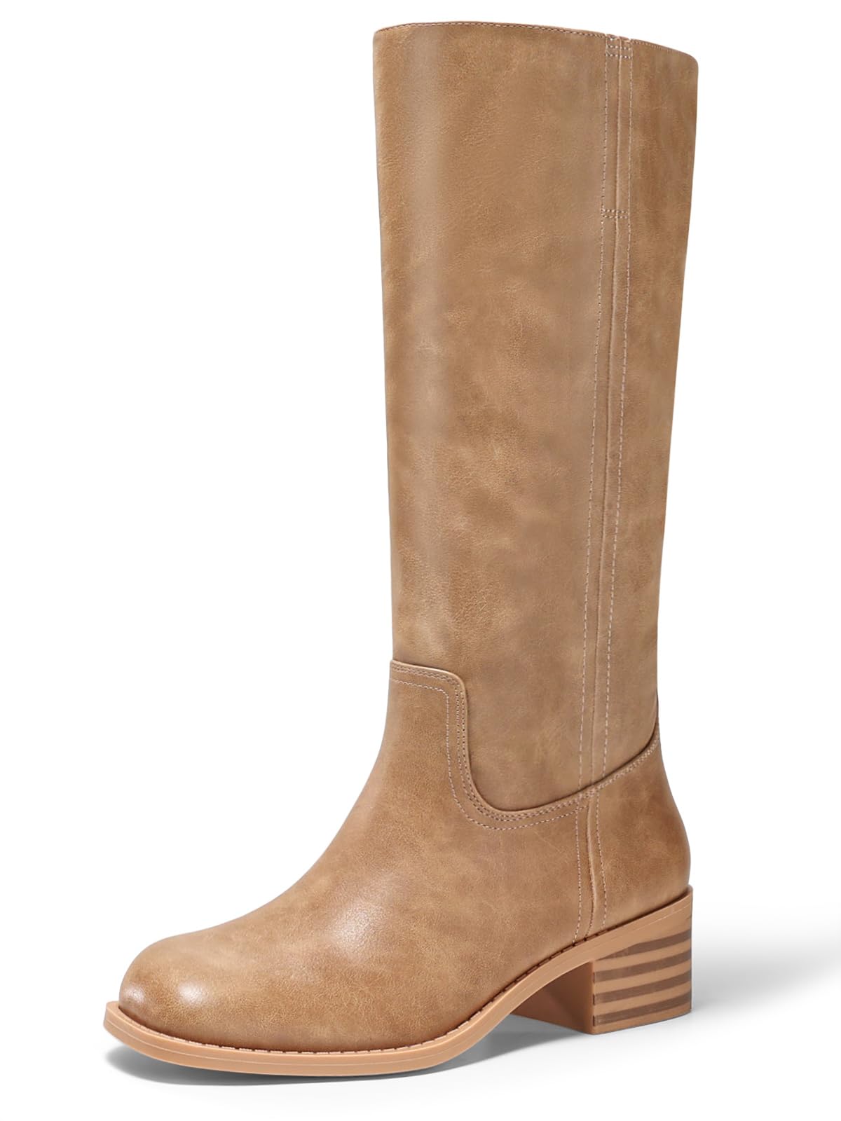 Coutgo Women's Knee High Boots Square Toe Chunky Block Heel Tall Boots Comfortable Low Heel Shoes