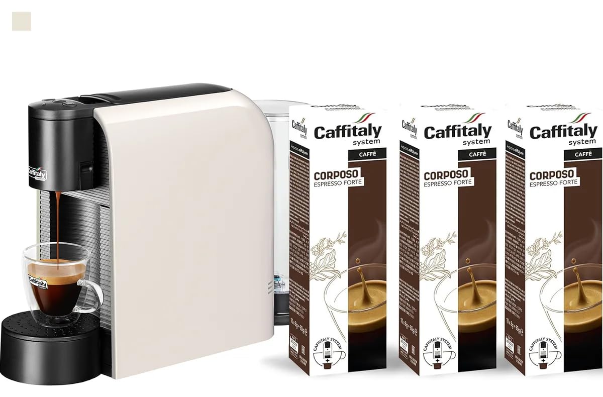 Caffitaly, Macchina da Caffè Volta Bianca, 30 Capsule di Caffè Corposo Incluse, per Macchine Originali, Ideale per Preparare Caffè e Bevande Calde