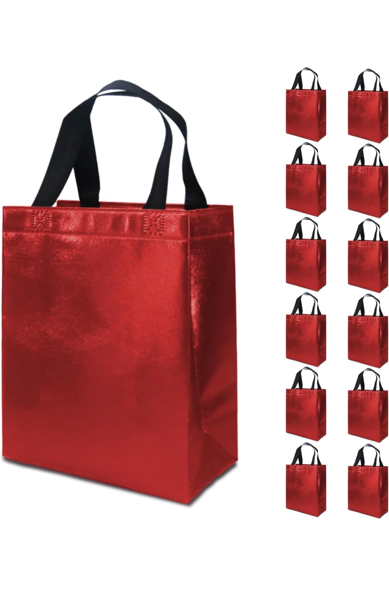 JOURNEY JOY Glossy Red Small-medium Gift Bags 12 Pcs, Non-woven Holiday Treat Bags, 10x12x4 In Reusable Goodie Bag Bulk for Birthday, Wedding, Easter, Party-image-2