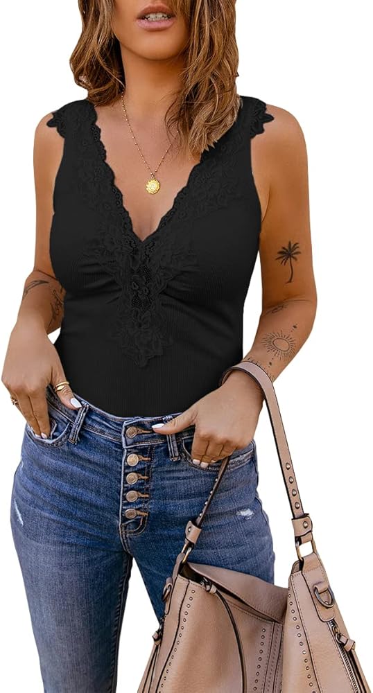 Bigeoosh Womens Lace Patchwork Sexy Deep V Neck Knitted Vests