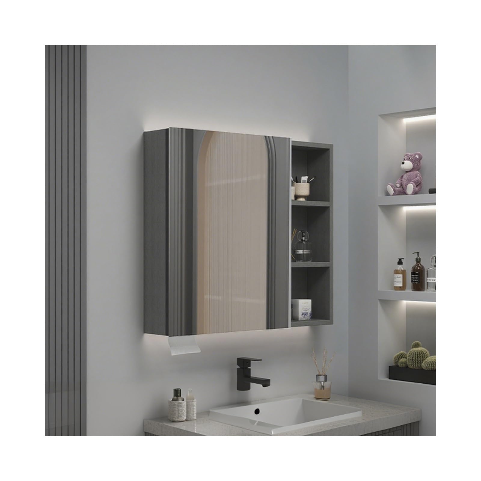 BKSXSOP Bathroom Mirror Cabinet, Wall-Mounted Aluminum Storage with Shelves, Integrated Space Saver, Gray, Smart Design (70x68x13CM) - Stylish & Functional nizer