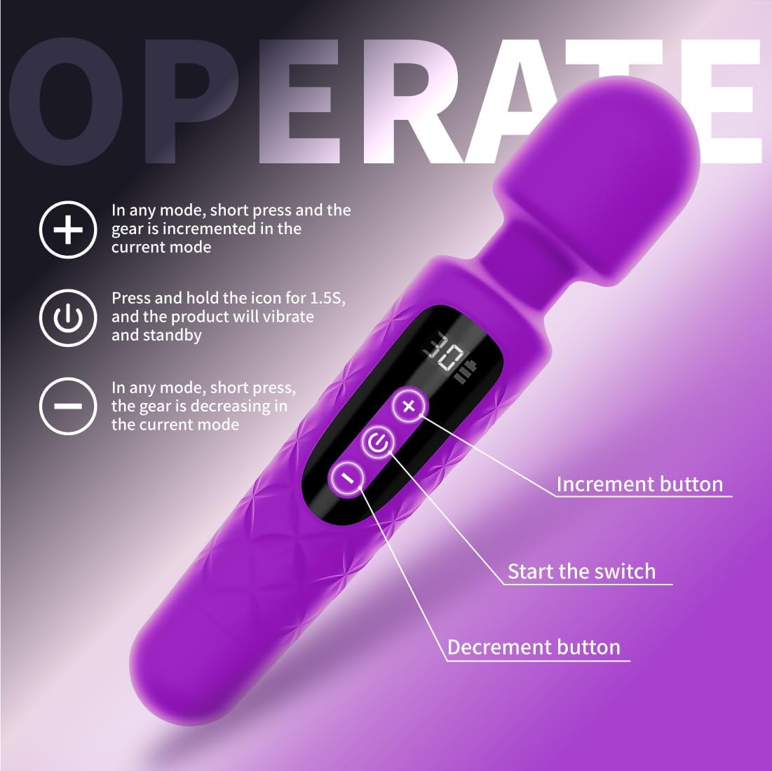 Vibrator Wand Dildo Adult Toys,Electric Muscle Massager,Clitoral Stimulation,Anal Toy,G Spot Vibrator Powerful Handheld Massager with 30 Speeds,LCD Rechargeable Adult Sex Toy for Women Couple (Purple)