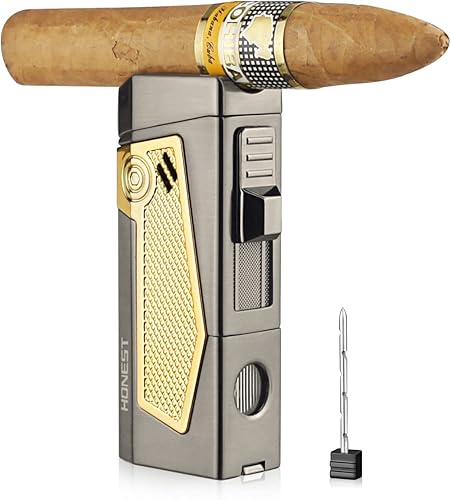 Miniatura 2 de Encendedor de puros con soporte de cigarros en la parte superior Cuatro llama butano recargable encendedor de cigarros con punzón (negro)