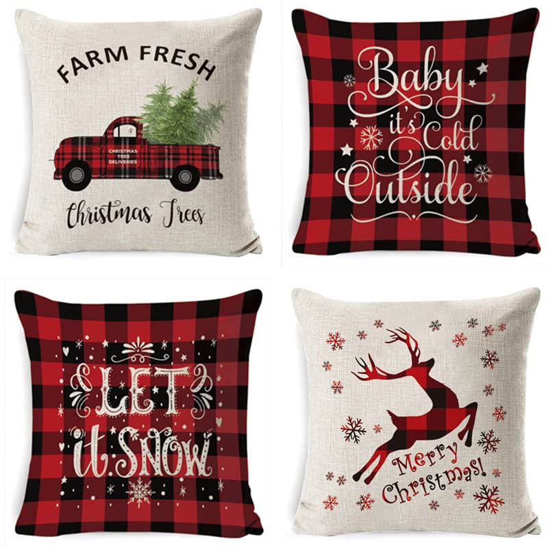 EUYuan 4 Pieces Red and White Merry Christmas Design Throw Pillow Case,18 x 18inch Cushion Covers for Xmas Home Sofa Decor